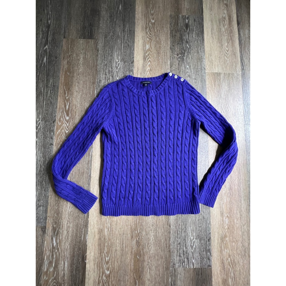 Lands End Cable Knit Sweater Women M Purple Excellent Shoulder Button Ribbed‎